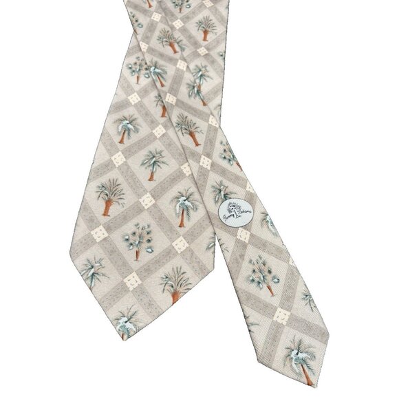 TOMMY BAHAMA Tie Men's 100% Silk Brown Green Strips Palm Trees Windy GUC - Picture 3 of 9